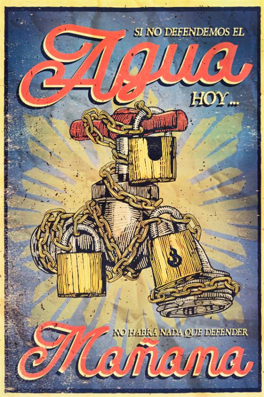 A poster of a water pump covered in locks