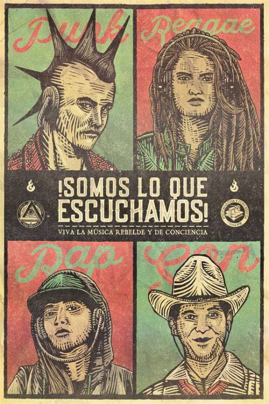 A poster of four punk men and women arranged in a square