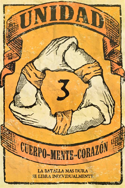 A poster of three arms grasping one another in a circle