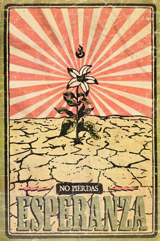 A poster of a flower growing out of the dirt