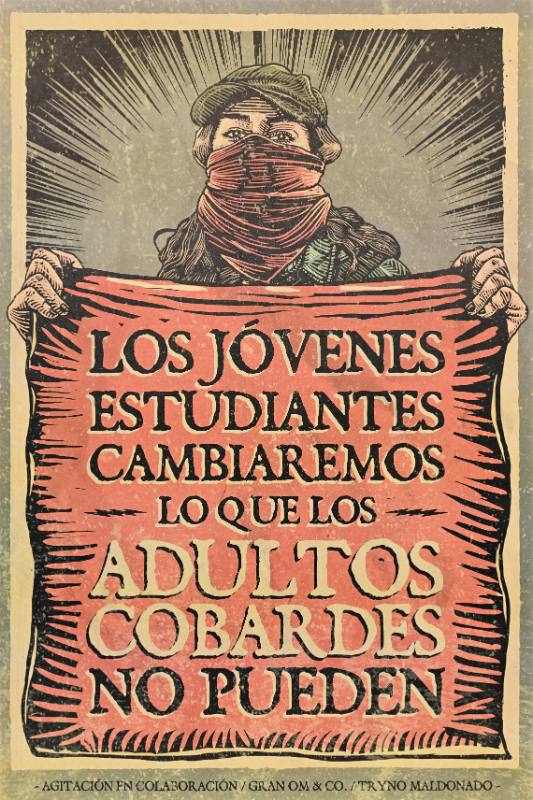 A poster of a young man in a mask holding a red banner with text on it