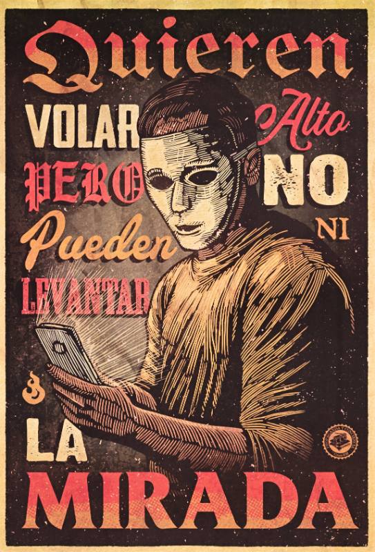 A poster of a person with a mask on looking at their phone