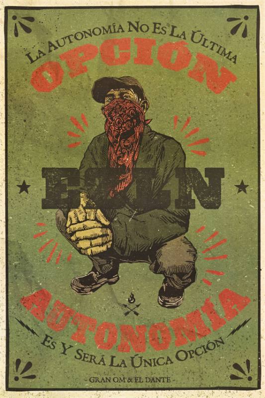 A poster of a man in a mask crouching down on a green background