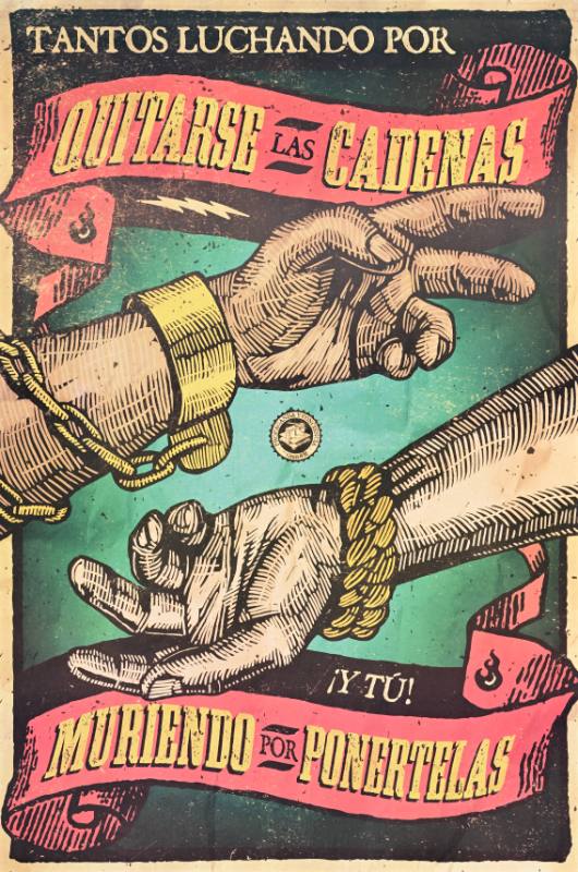 A poster of outstreched hands with chains on their wrists