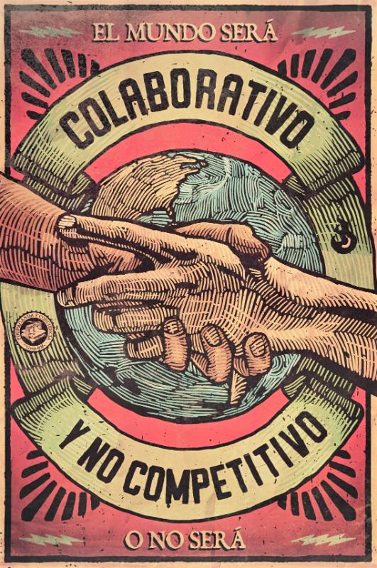 A poster of two hands grasping one another over a globe