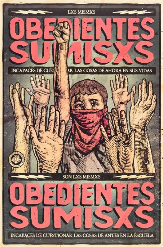 A poster of a child in a mask with his fist in the air surrounded by a crowd of raised hands