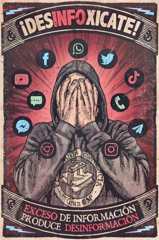 A poster of a man with a mask on with his arms crossed surrounded by app icons for social media platforms
