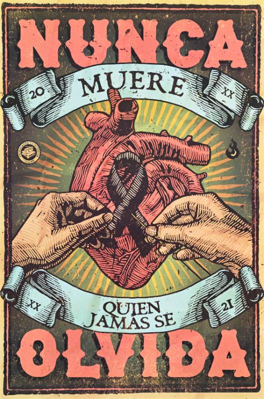 A poster of a hand pinning a black ribbon to a human heart