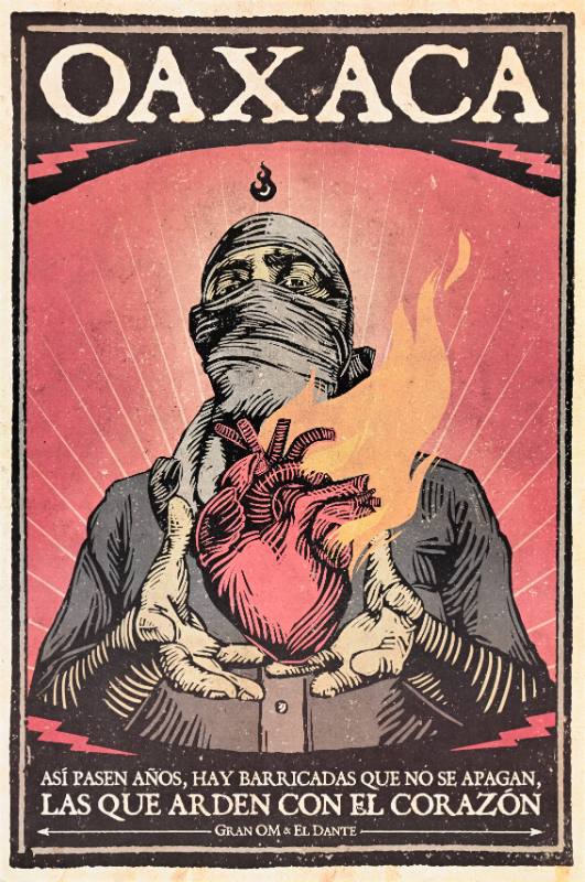 A poster of a man in a mask holding a human heart that is on fire