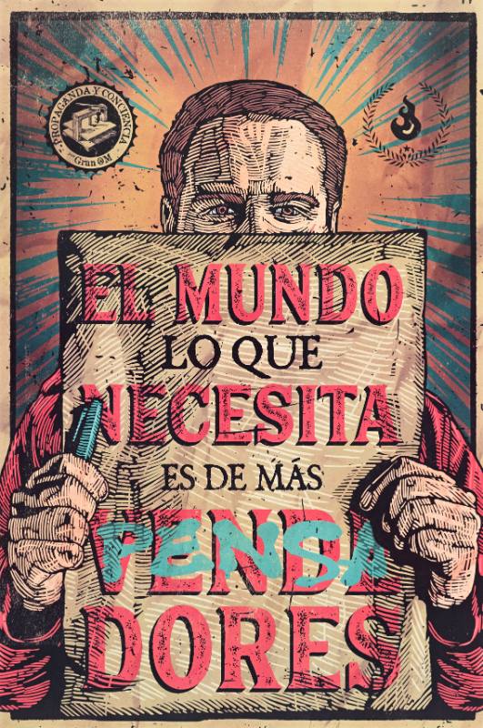 A poster of a man holding a sign with one of the words written over with blue ink