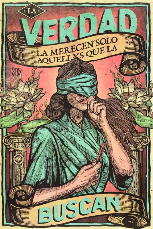 A poster of a woman with a blindfold covering her eyes holding a pen in front of large flowers