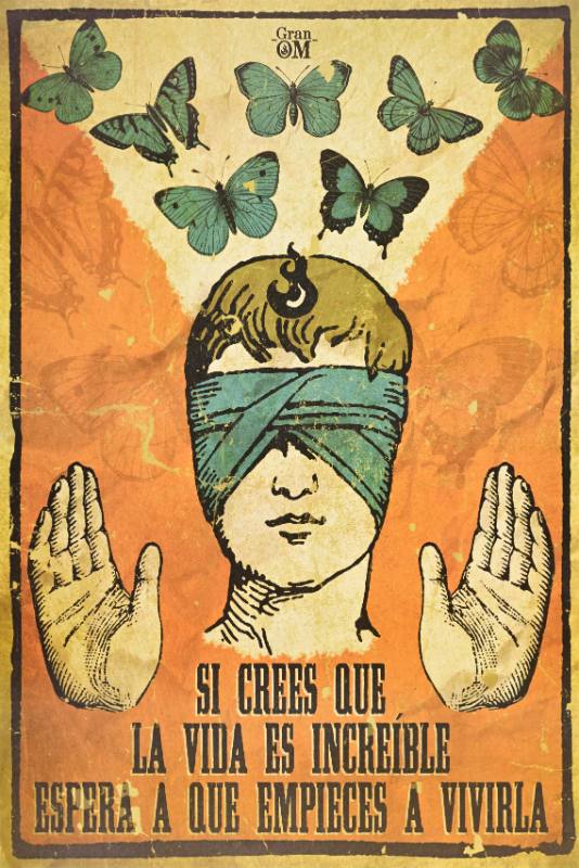 A poster of a figure with a blindfold on raising their palms with butterflies flying above them