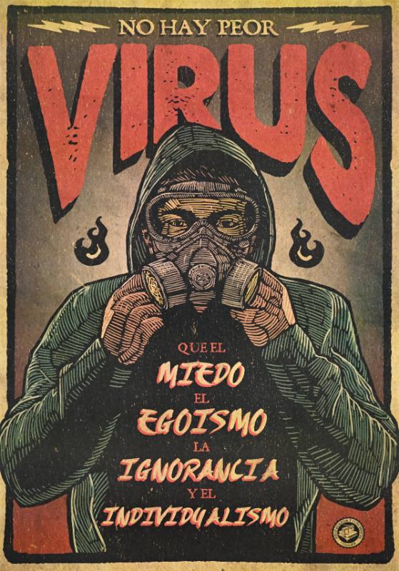 A poster of a man with a gasmask on pulling on a hoodie