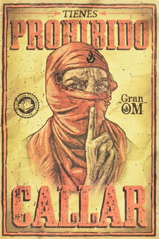 A poster of a man in a mask holding a finger up to his mouth