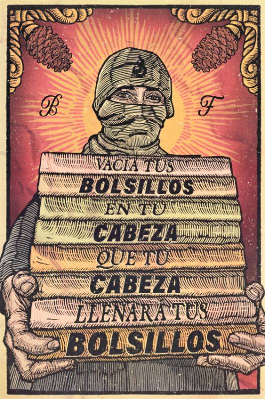 A poster of a figure in a mask holding a stack of books