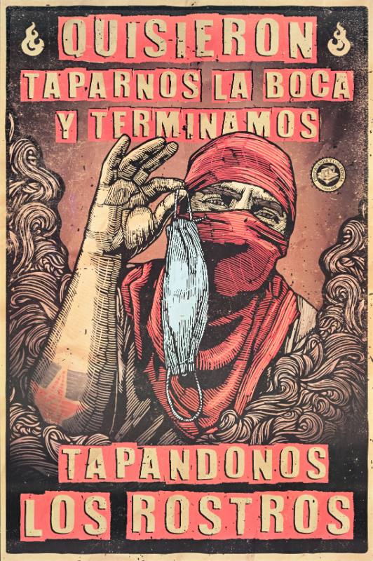 A poster of a figure in a mask holding up a blue surgical mask by the strings