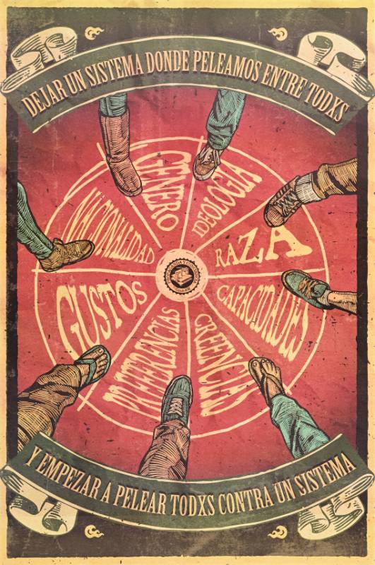 A poster of a circle of feet stepping onto a wheel painted on the ground