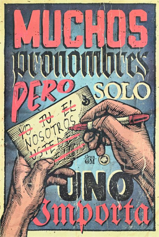 A poster of a hand crossing off words on a list written on a sheet of paper