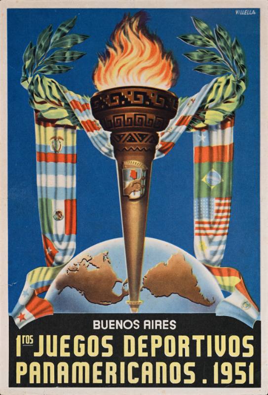 A poster of a lit torch in front of various central and south American flags