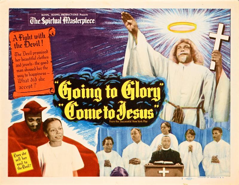 A lobbycard with an image of a Black man in a robe with a chorus of Black angels below him; a Black man in a red devil costume holds a small Black girl