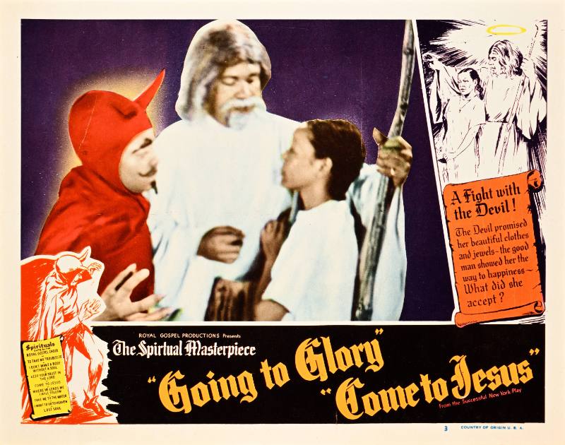 A poster of a Black man in a white robe and a Black man in a devil costume looking at a Black child