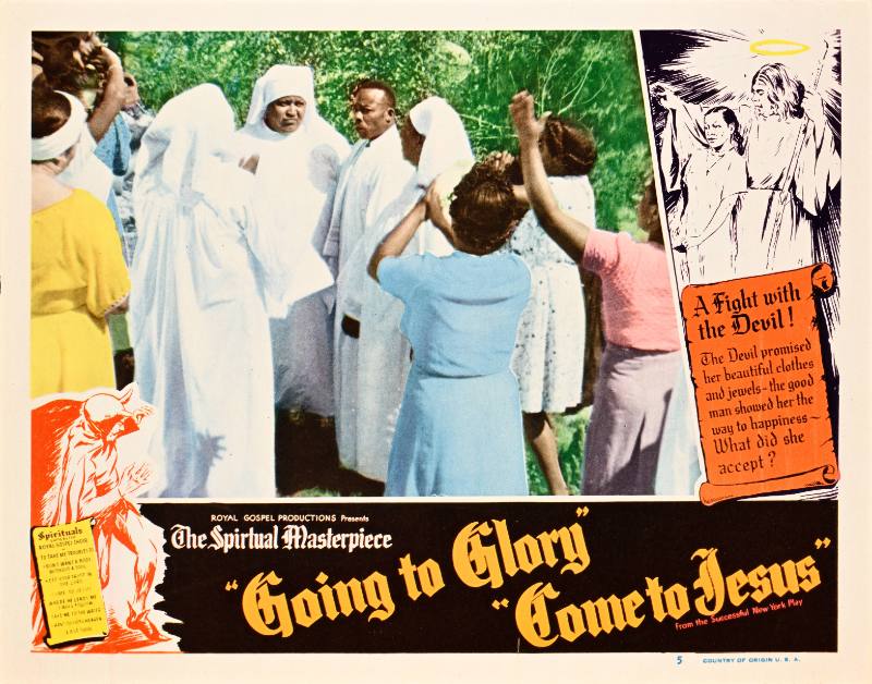 A lobbycard of a group of Black women in white robes and colorful dresses raising their hands above their heads