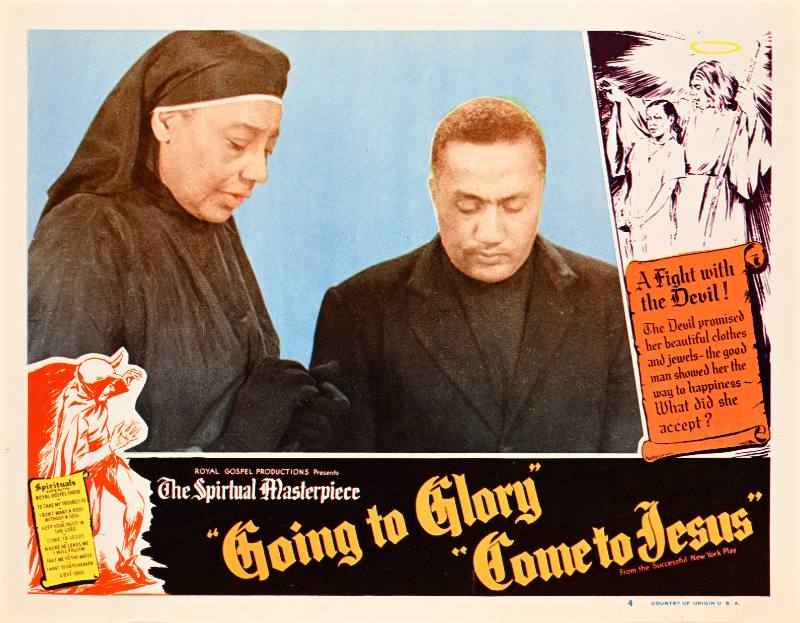 A poster of a Black man in a suit and a Black woman in a nun's robe in conversation
