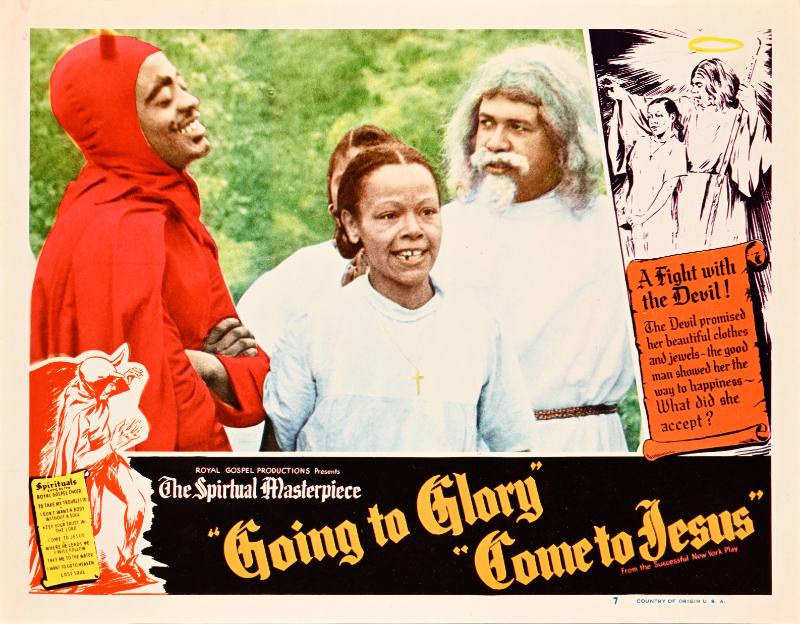 A poster of a Black man in a white robe and a Black man in a devil outfit on either side of a small Black child