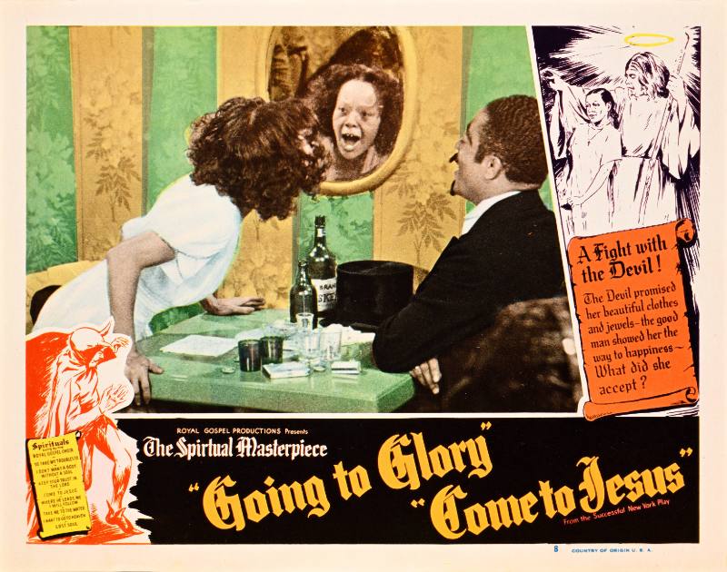 A poster of a Black couple staring at a mirror; the woman's reflection is a scared Black child