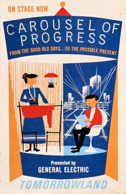 A poster of a cartoon woman with an ironing board next to a cartoon man sitting in a chair reading