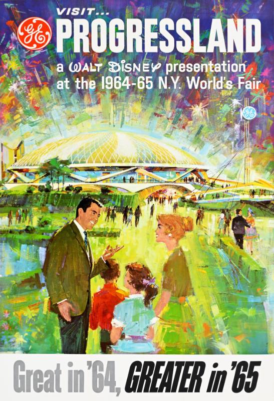 A poster of a smiling white family walking towards a large glass dome