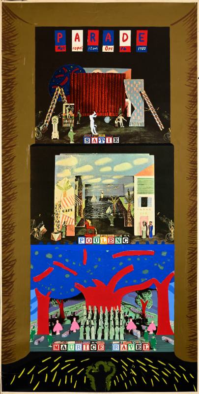 A poster of an opera stage with toys set up on it as a set