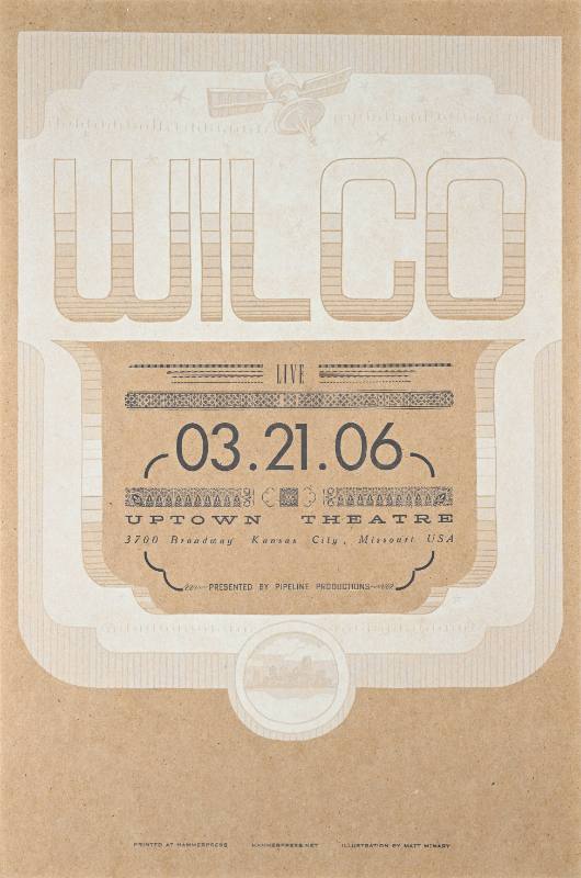 A poster of silver text below a satelite on a brown background
