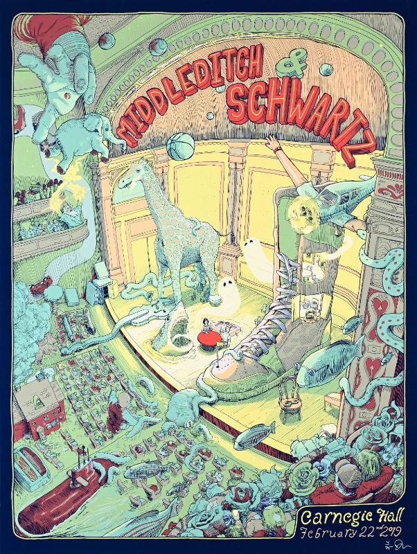 A poster of a fantastical theater with animals, a giant shoe, and flowers covering the audience