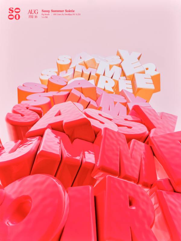 A poster of blocky three dimensional pink text stacked on top of itself