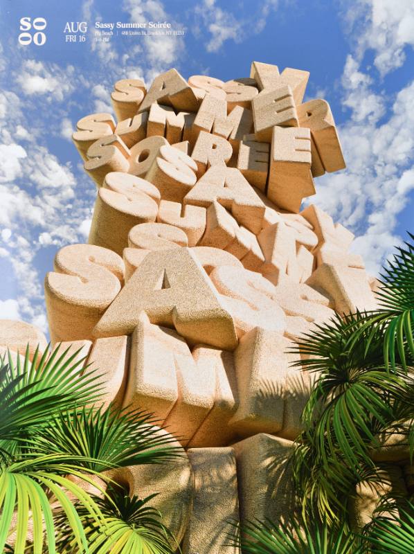 A poster of stacked sandy three dimensional text surrounded by jungle plants