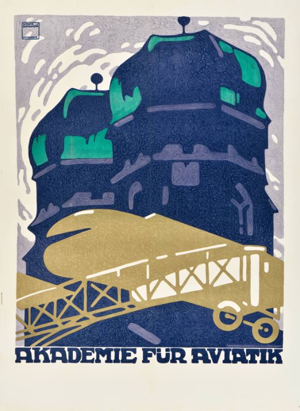 A poster of a city building made out of wavy purple and green lines