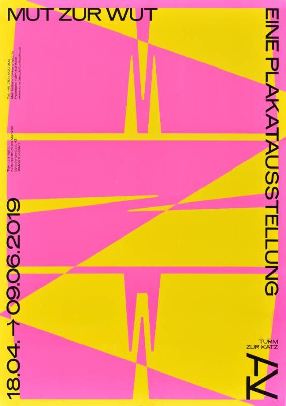 A poster of geometric black text on a pink and yellow background