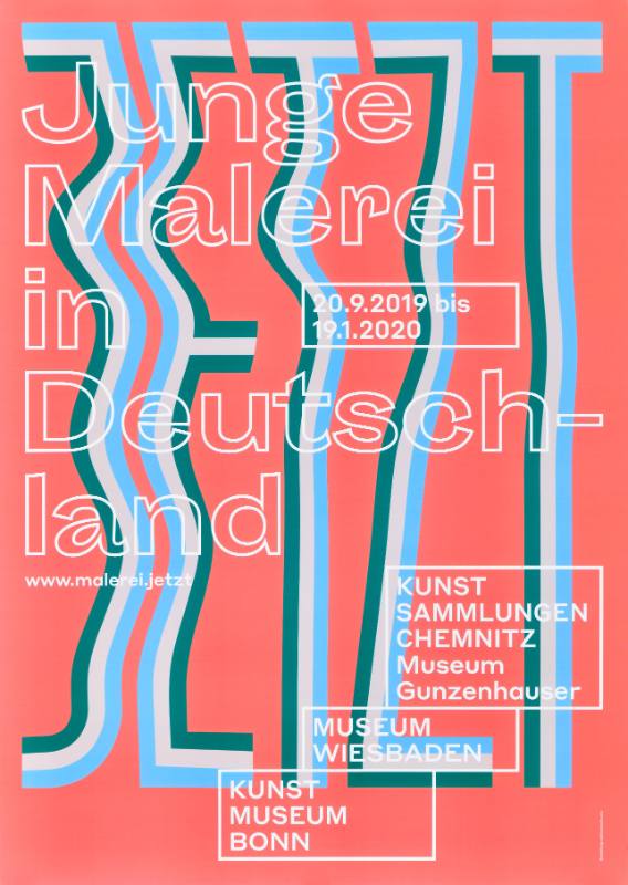 A poster of wavy geometric text on a pink background