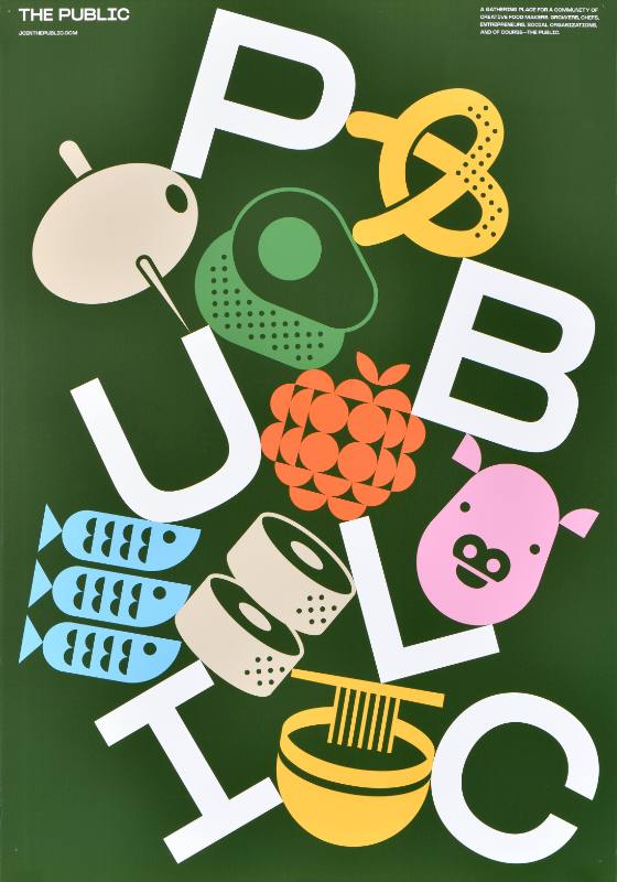 A poster of colorful blocky food with blocky text