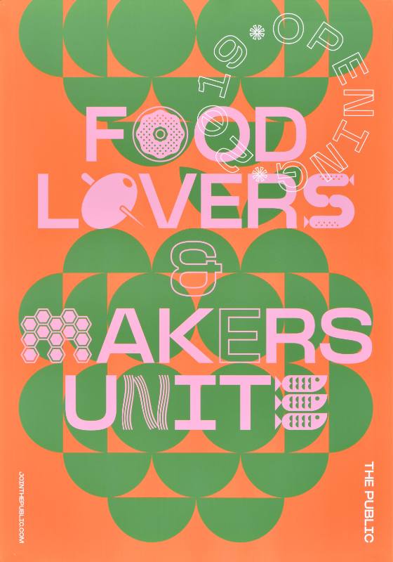 A poster of colorful blocky food with blocky text