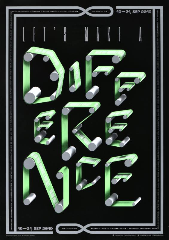 A poster of abstracted text made out of green tape on a black background