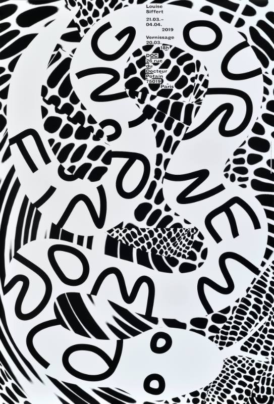 A poster of wavy black and white text in a swirling shape