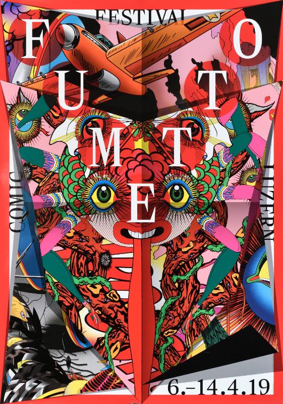 A poster of colorful, abstracted planes and bombs surrounded by flowers