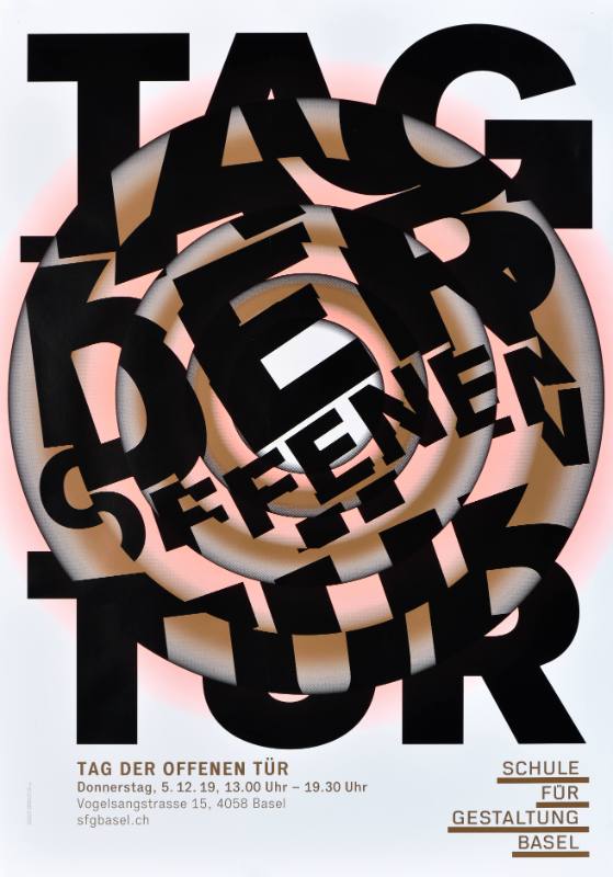 A poster of swirling black and orange text