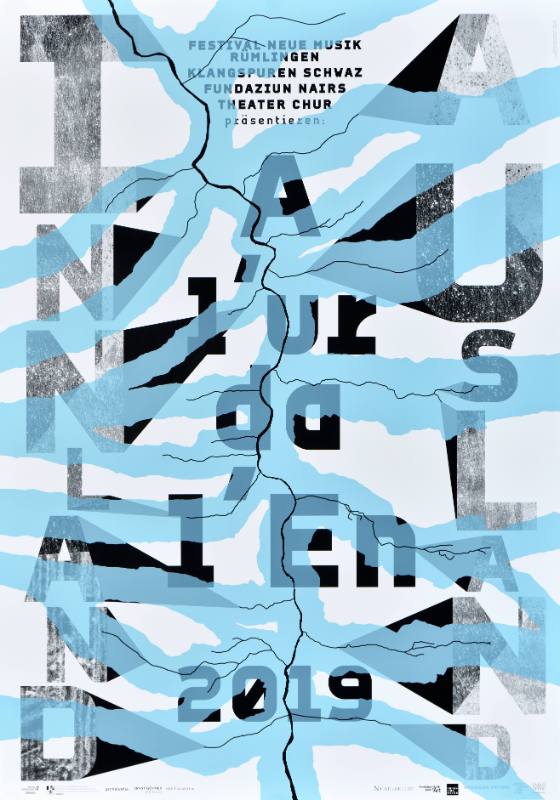 A poster of scattered blocky black and blue text on a white background