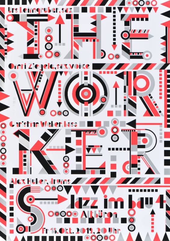 A poster of mechanical abstract red text on a white background