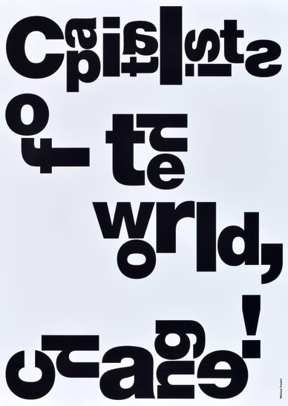 A poster of spiraling black text on a white background