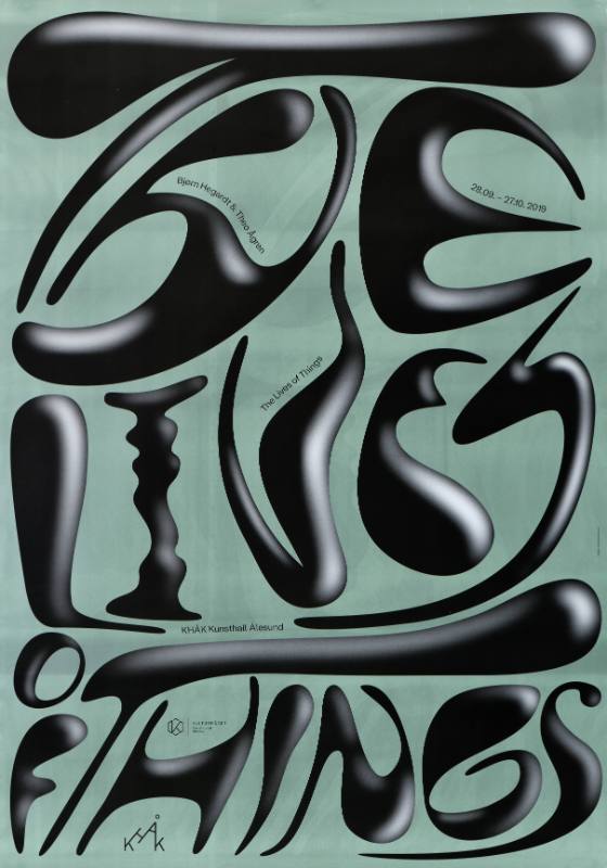 A poster of liquid black text on a teal background