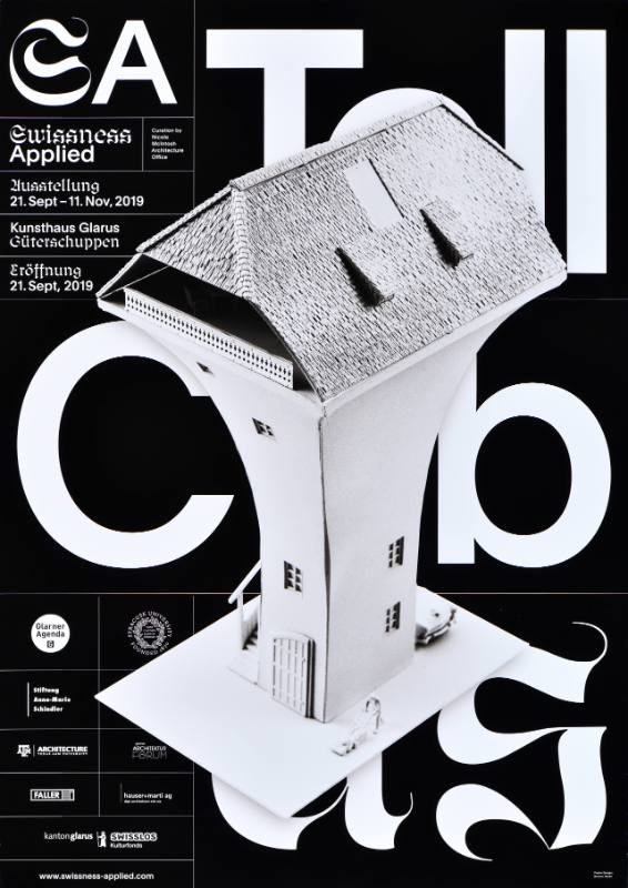 A poster of swirling white text on a black background